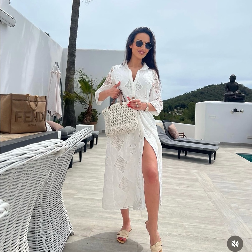 Sara white lace long sleeve maxi dress with waist belt boho summer vacation - Picture 3 of 16